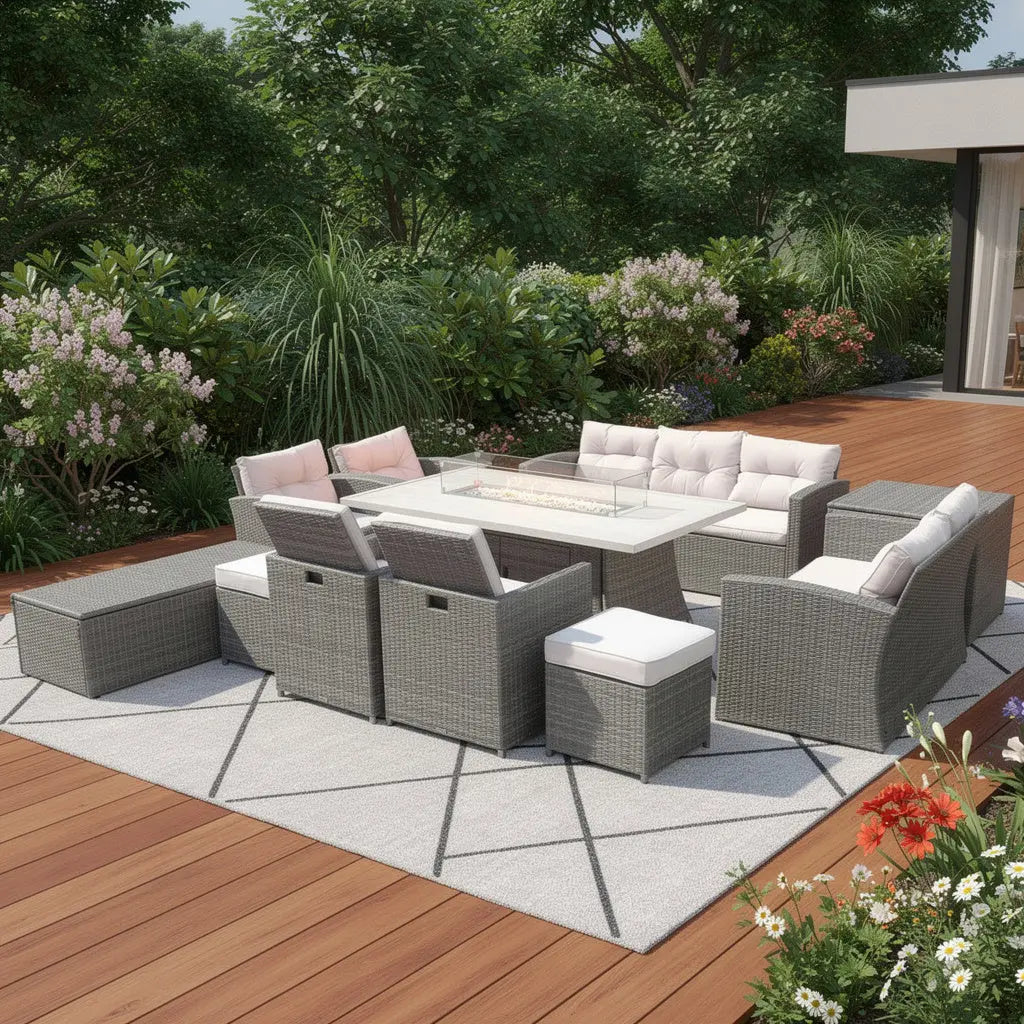 Eleven Piece Gray Wicker Multiple Chairs Seating Group With Fire Pit And Table Homeroots Outdoor