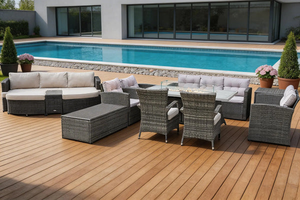 Eleven Piece Gray Wicker Multiple Chairs Seating Group With Fire Pit And Table Homeroots Outdoor