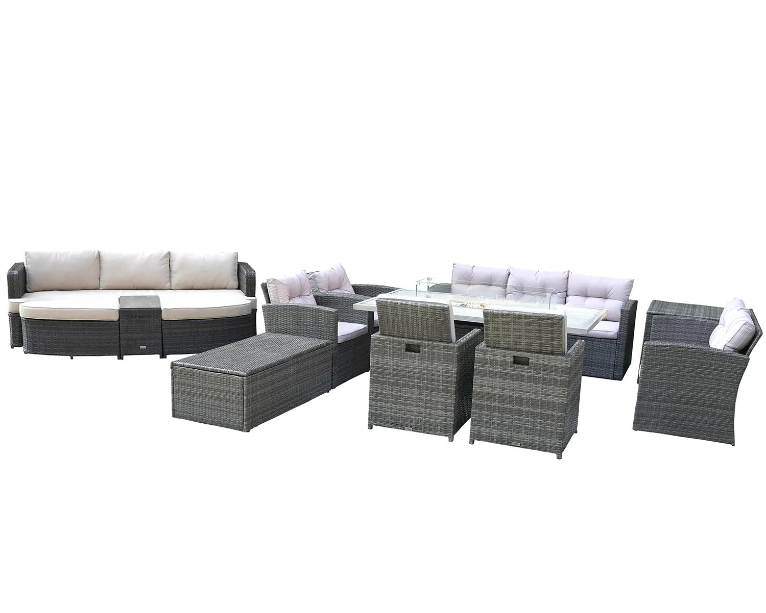 Eleven Piece Gray Wicker Multiple Chairs Seating Group With Fire Pit And Table Homeroots Outdoor
