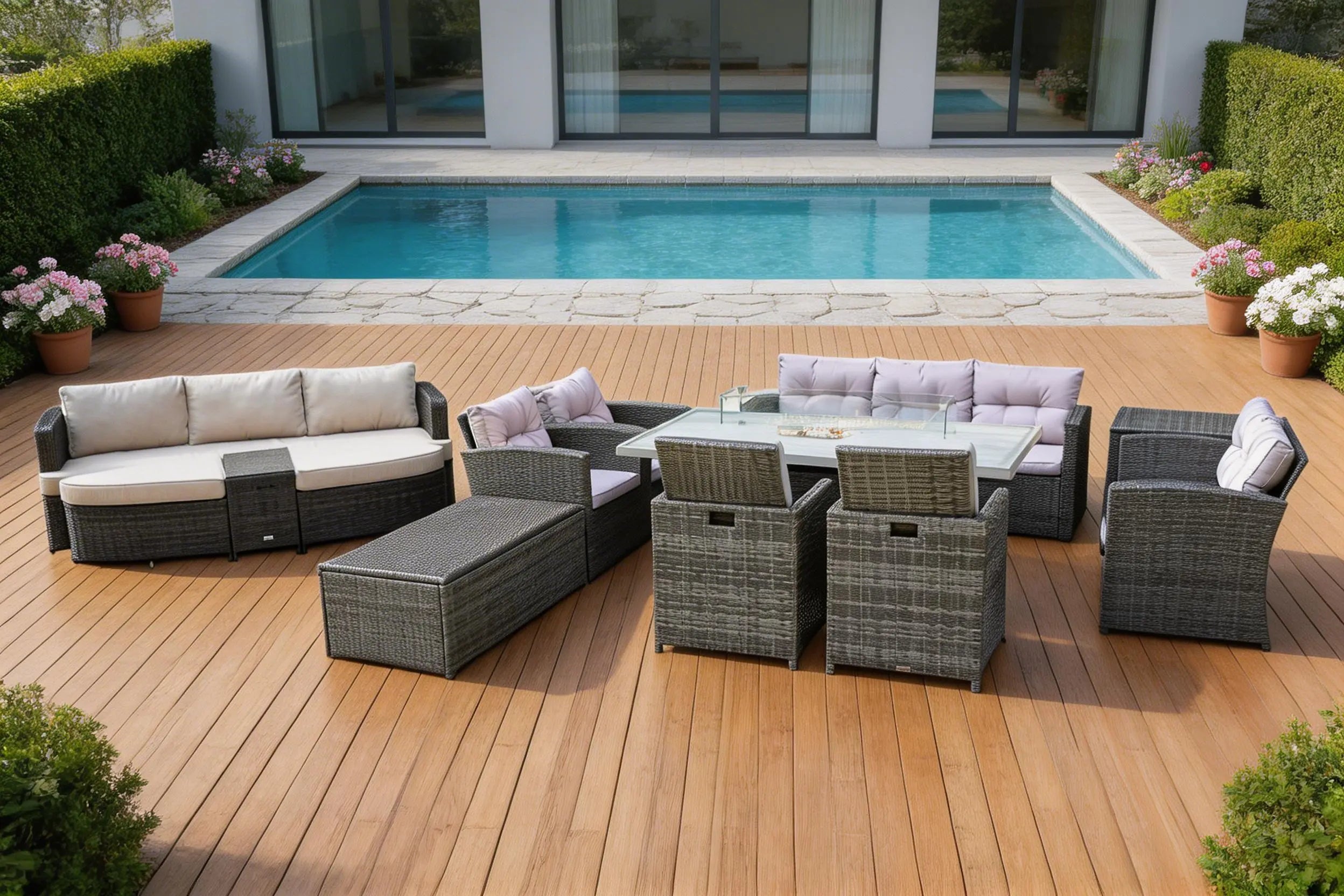 Eleven Piece Gray Wicker Multiple Chairs Seating Group With Fire Pit And Table Homeroots Outdoor