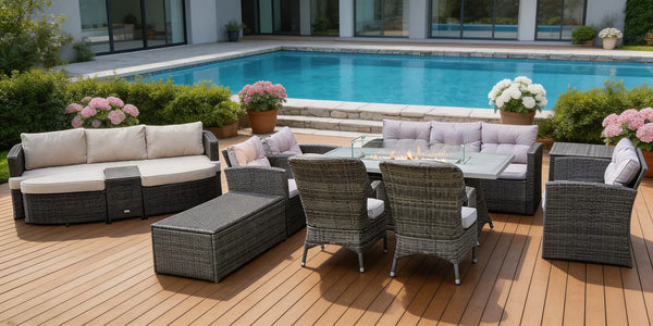 Eleven Piece Gray Wicker Multiple Chairs Seating Group With Fire Pit And Table Homeroots Outdoor