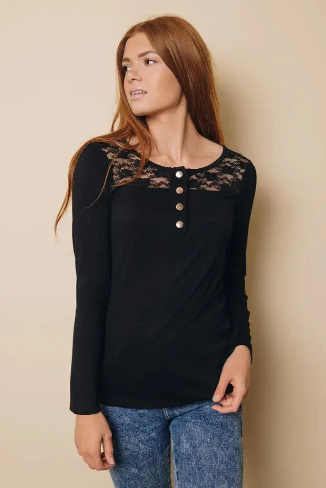 Emmerson Lace Buttoned Long Sleeve Top Stay Warm in Style