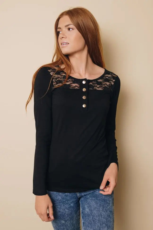 Emmerson Lace Buttoned Long Sleeve Top Stay Warm in Style