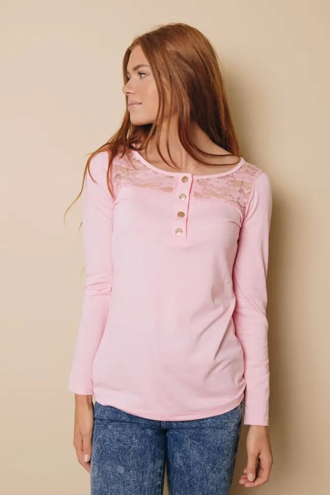 Emmerson Lace Buttoned Long Sleeve Top Stay Warm in Style