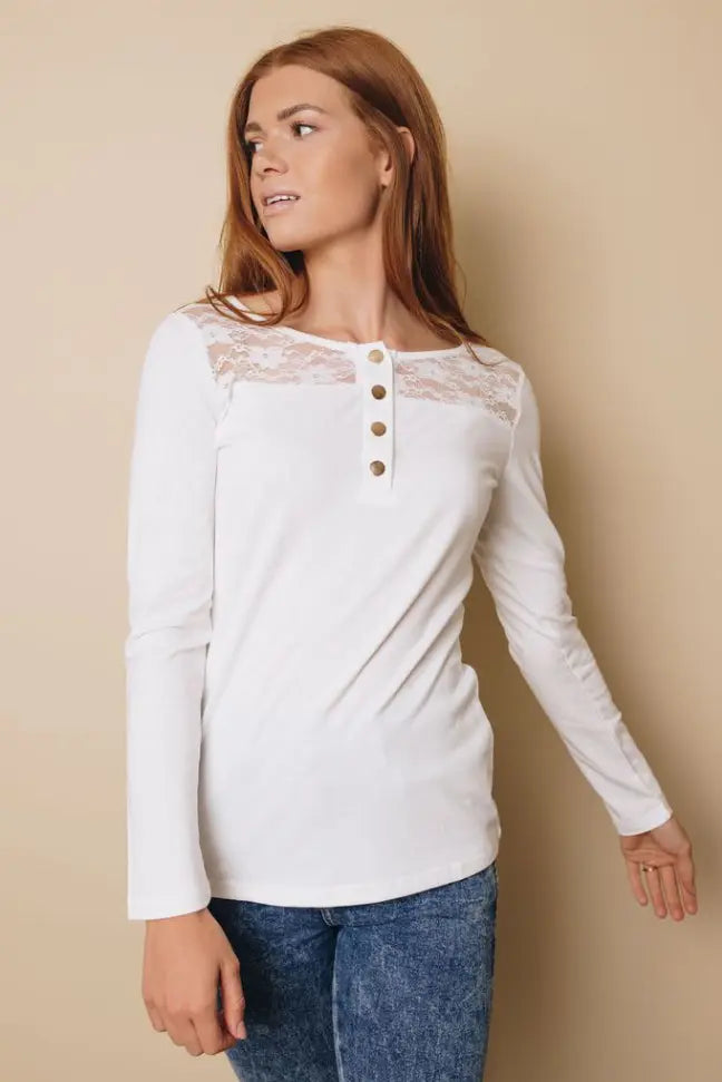 Emmerson Lace Buttoned Long Sleeve Top Stay Warm in Style