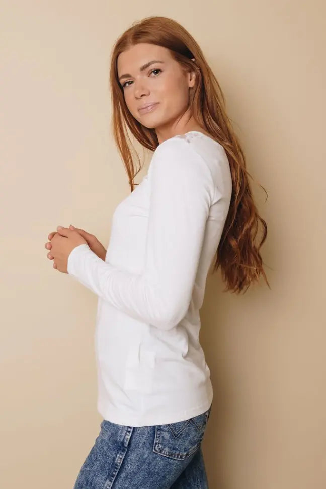 Emmerson Lace Buttoned Long Sleeve Top Stay Warm in Style