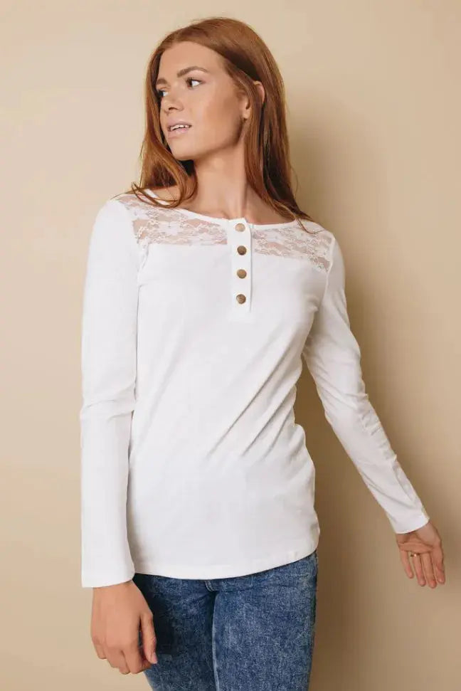 Emmerson Lace Buttoned Long Sleeve Top Stay Warm in Style