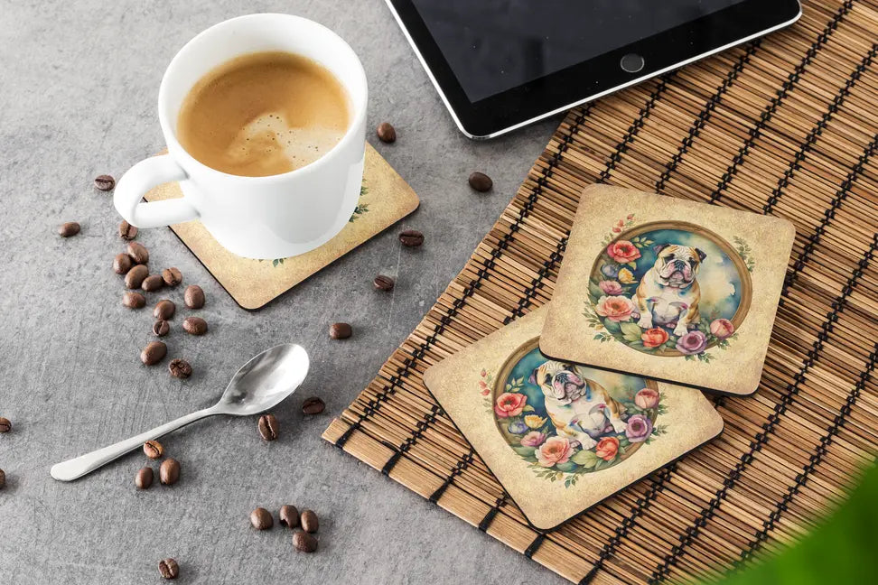 English Bulldog and Flowers Foam Coasters Caroline's Treasures