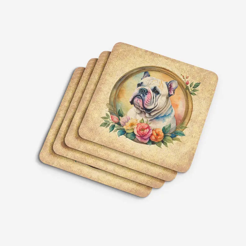 English Bulldog and Flowers Foam Coasters Caroline's Treasures
