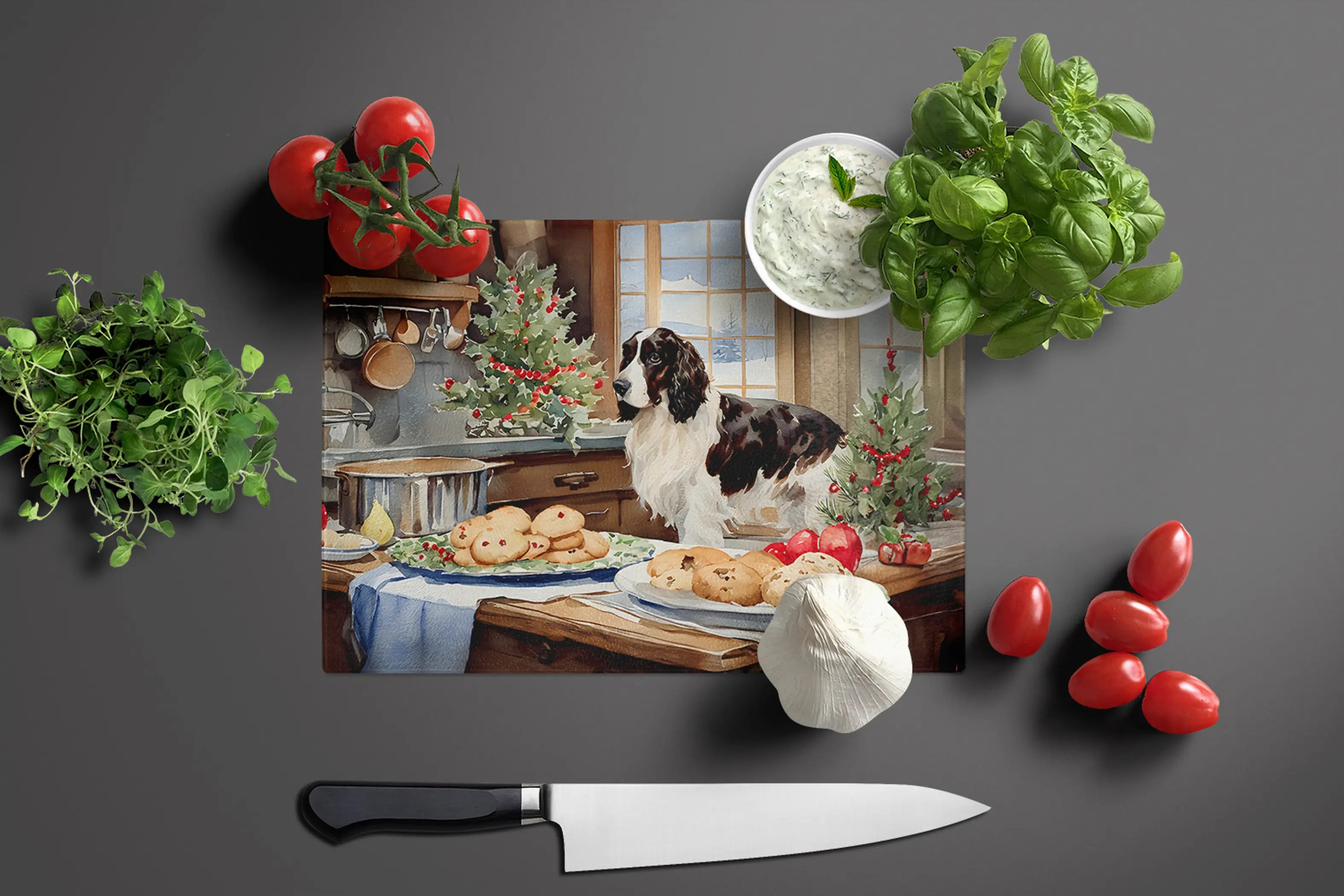 English Cocker Spaniel Christmas Cookies Glass Cutting Board Caroline's Treasures