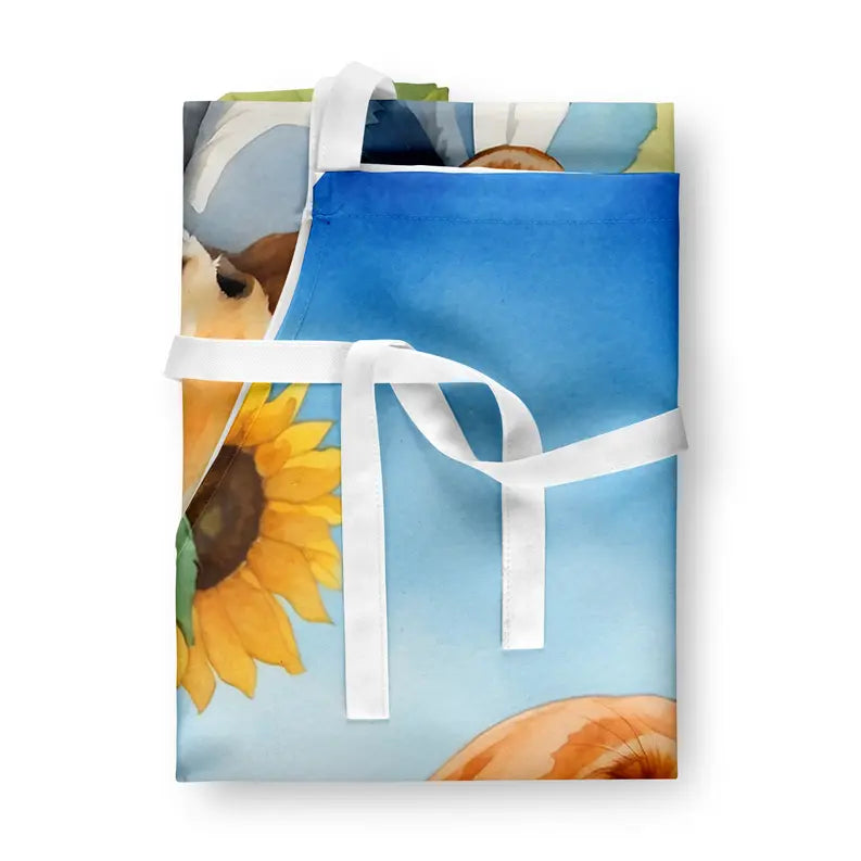 Colorful floral apron featuring sunflowers and a blue background, made from durable cotton with white ties.
