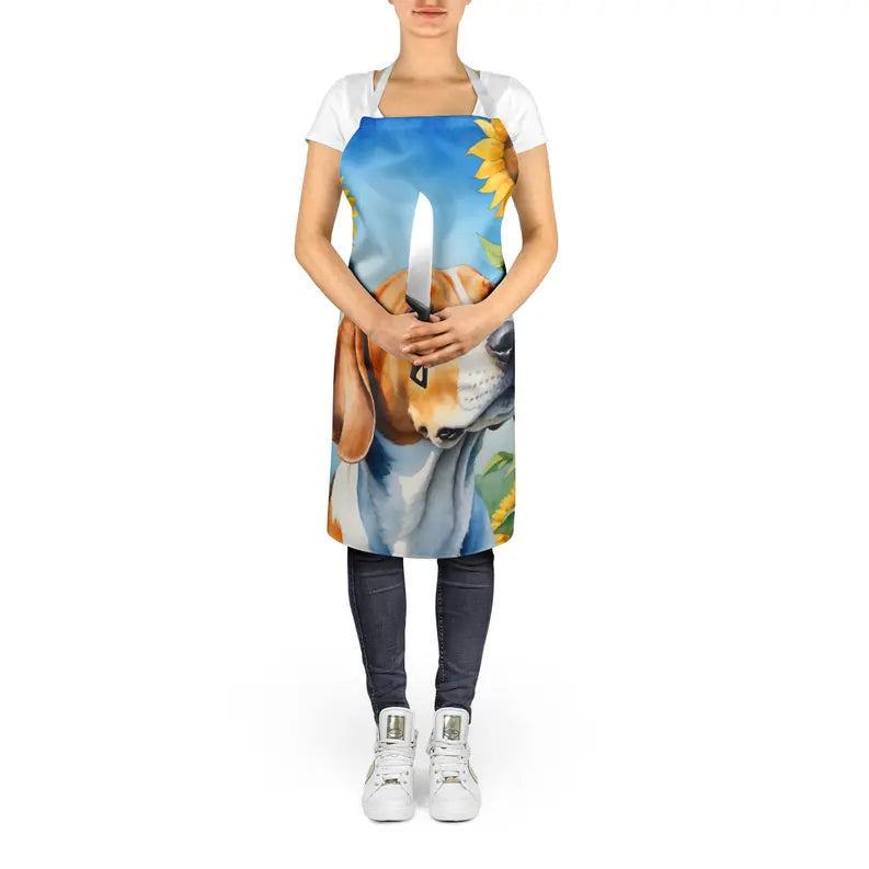 Colorful beagle-themed apron with sunflower design, made from durable fabric, perfect for dog lovers in the kitchen.