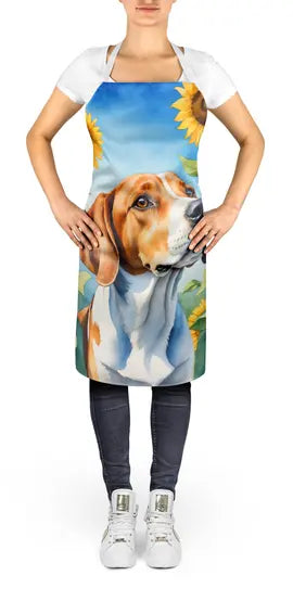 Colorful beagle apron with sunflower design, made of durable fabric, perfect for cooking and baking enthusiasts.