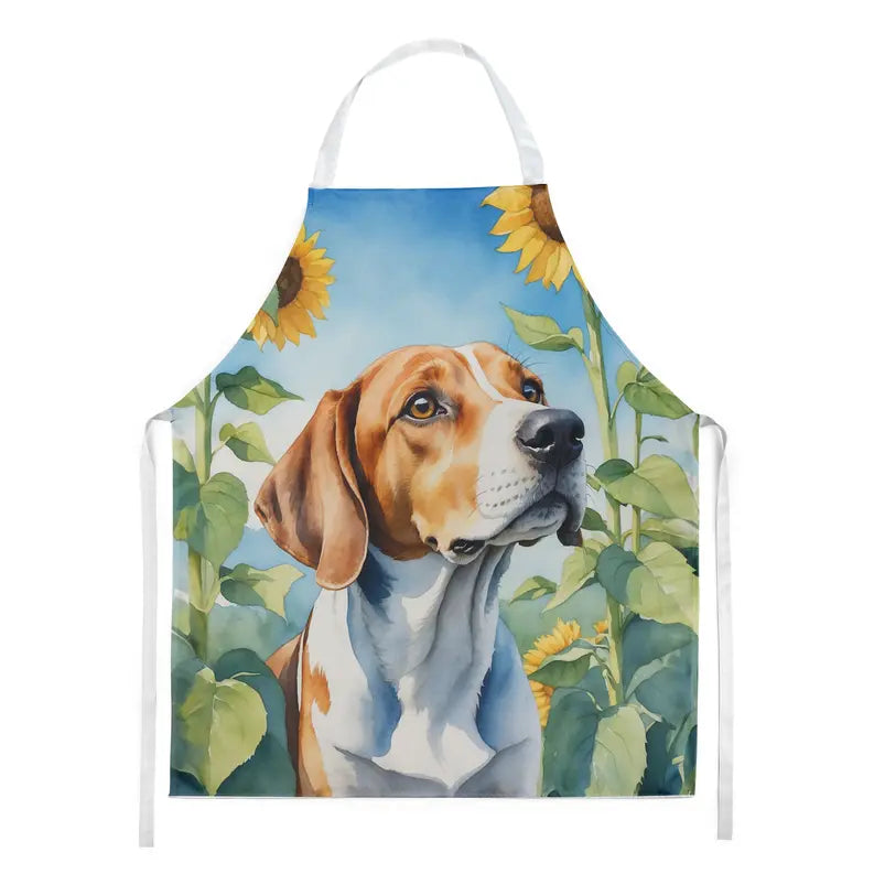 Vibrant dog-themed apron featuring a beagle and sunflowers, made of durable cotton with adjustable ties.