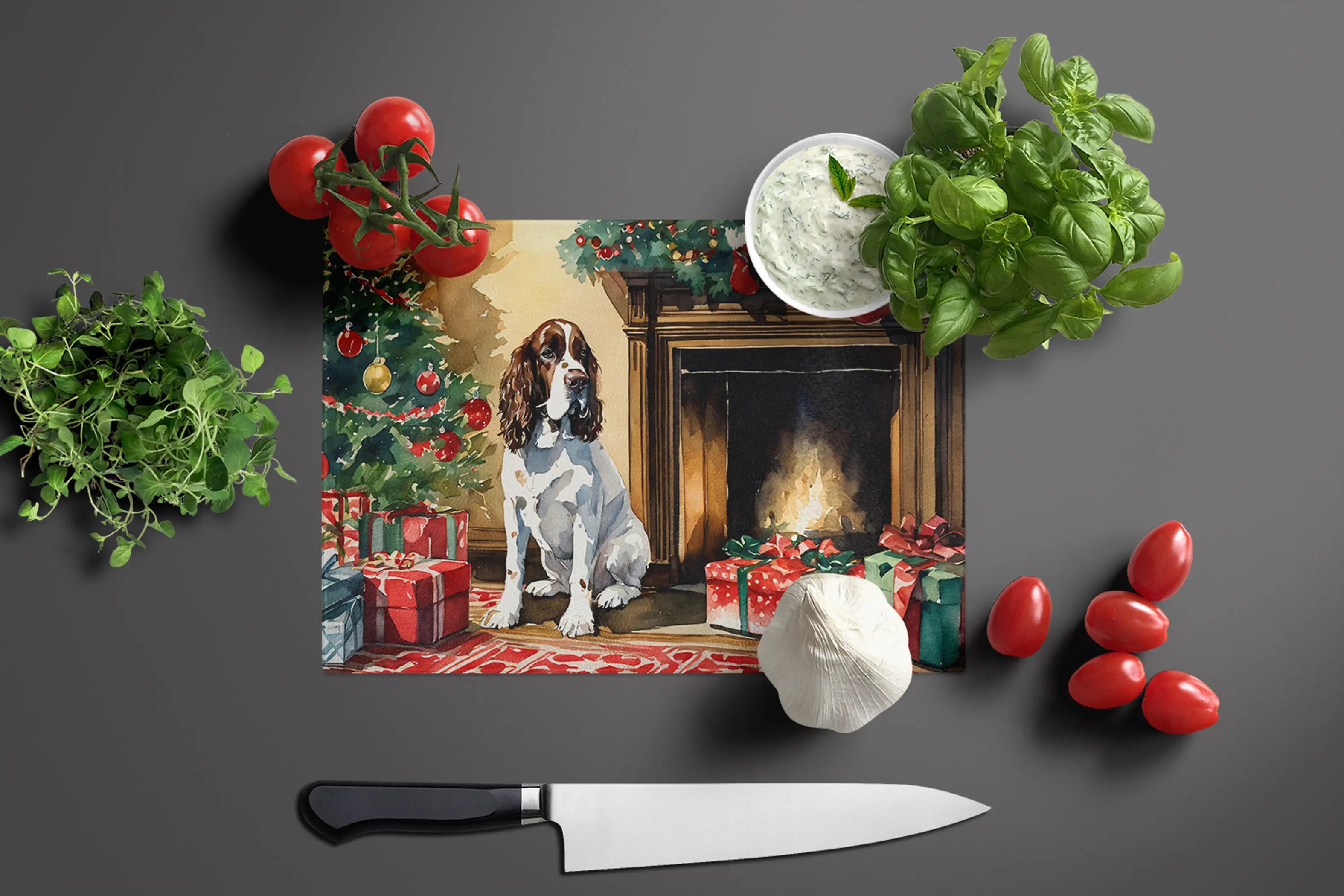 English Springer Spaniel Cozy Christmas Glass Cutting Board Caroline's Treasures