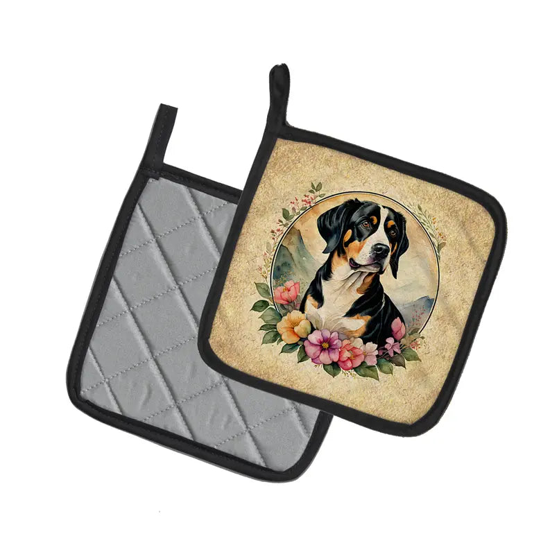 Entlebucher Mountain Dog and Flowers Pair of Pot Holders Caroline's Treasures