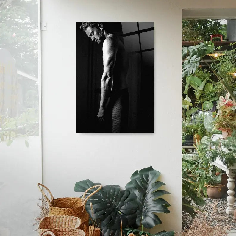 Black and white wall art featuring a toned male model in underwear, perfect for modern decor and stylish aesthetics.