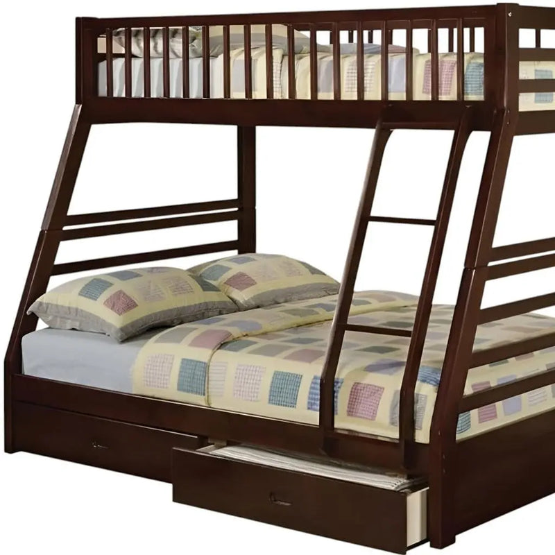 Espresso Twin Over Full Solid Wood Bunk Bed With Storage - GreatEagleInc