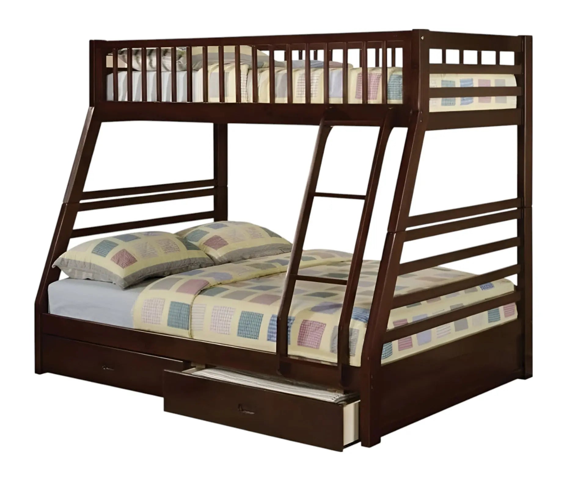Espresso Twin Over Full Solid Wood Bunk Bed With Storage - GreatEagleInc