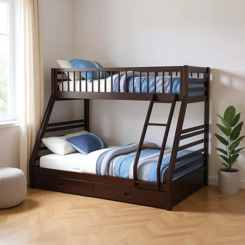 Espresso Twin Over Queen Solid Wood Bunk Bed With Storage Homeroots Bed & Bath