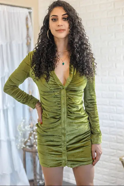 Estella Ruched Detail Long Sleeves Velvet Mini Dress SurelyMine