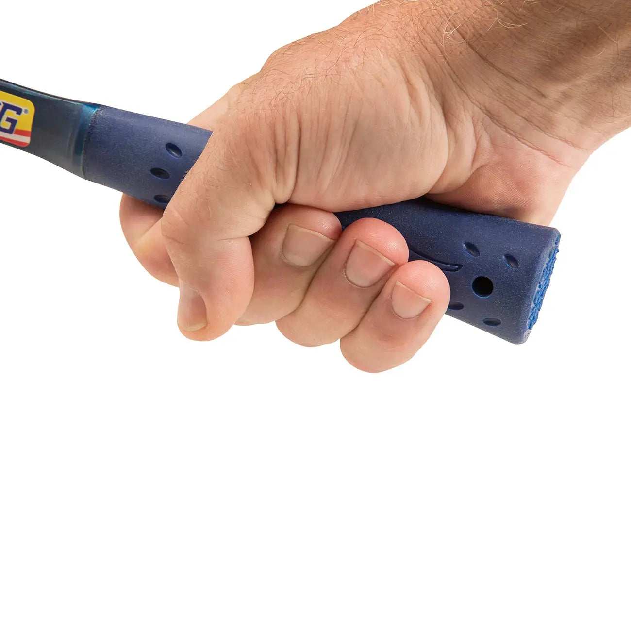 Blue rubber grip racquet handle held firmly, featuring ergonomic design for enhanced control and comfort.