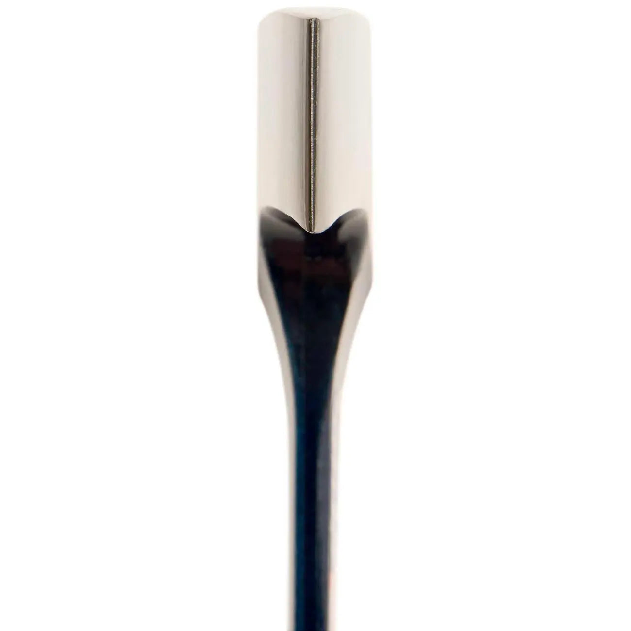 Polished silver stainless steel cocktail muddler with sleek black handle for barware enthusiasts.