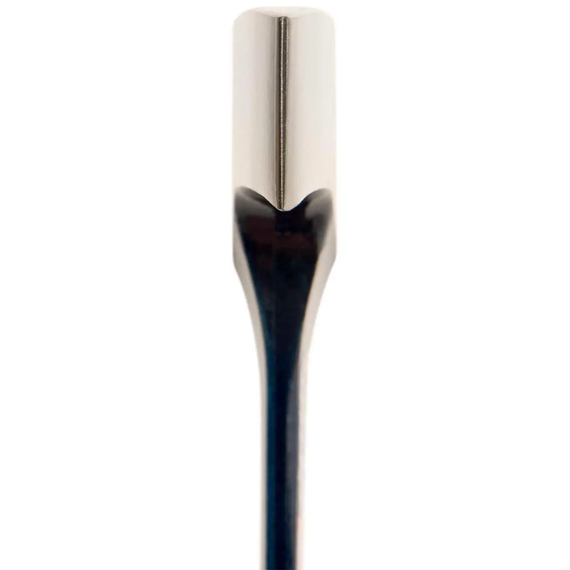Polished silver stainless steel cocktail muddler with sleek black handle for barware enthusiasts.