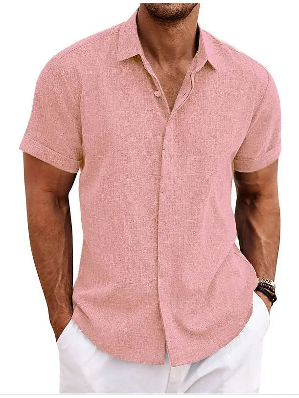 European and American Men's Double Placket Cotton Linen Cardigan Short-sleeved high quality Shirt Summer Home Short-sleeved Lapel Shirt Cross-border GreatEagleInc