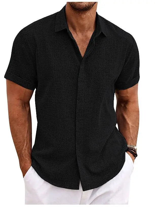 European and American Men's Double Placket Cotton Linen Cardigan Short-sleeved high quality Shirt Summer Home Short-sleeved Lapel Shirt Cross-border GreatEagleInc