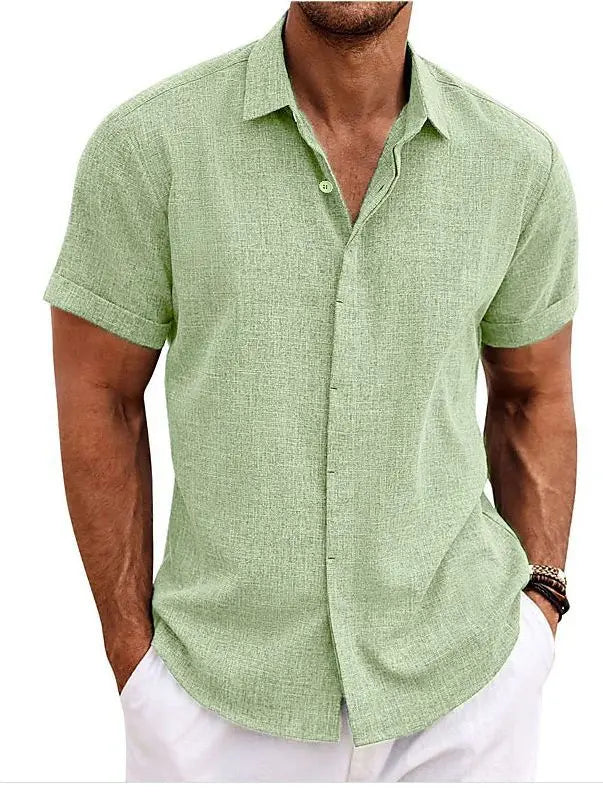European and American Men's Double Placket Cotton Linen Cardigan Short-sleeved high quality Shirt Summer Home Short-sleeved Lapel Shirt Cross-border GreatEagleInc
