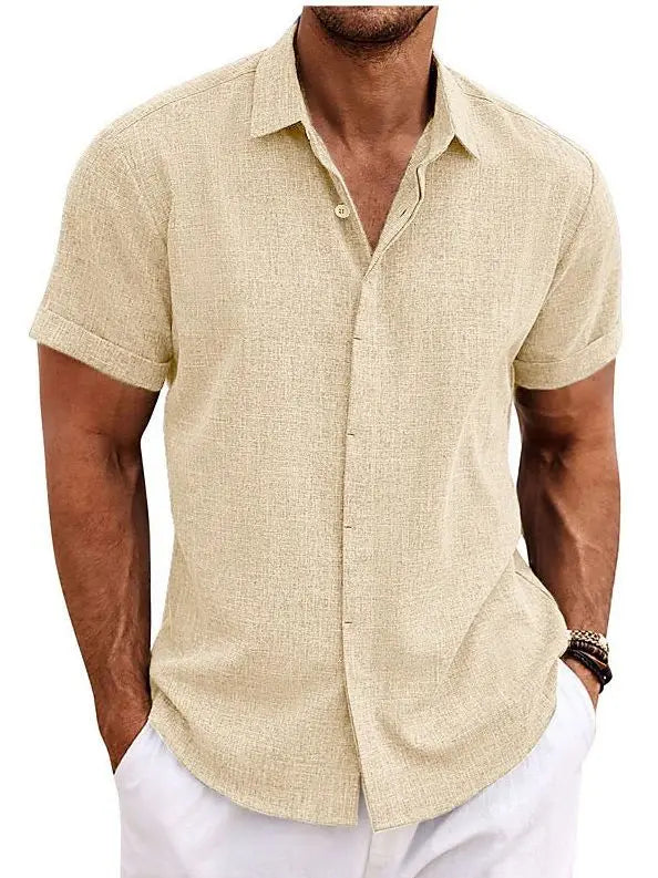 European and American Men's Double Placket Cotton Linen Cardigan Short-sleeved high quality Shirt Summer Home Short-sleeved Lapel Shirt Cross-border GreatEagleInc