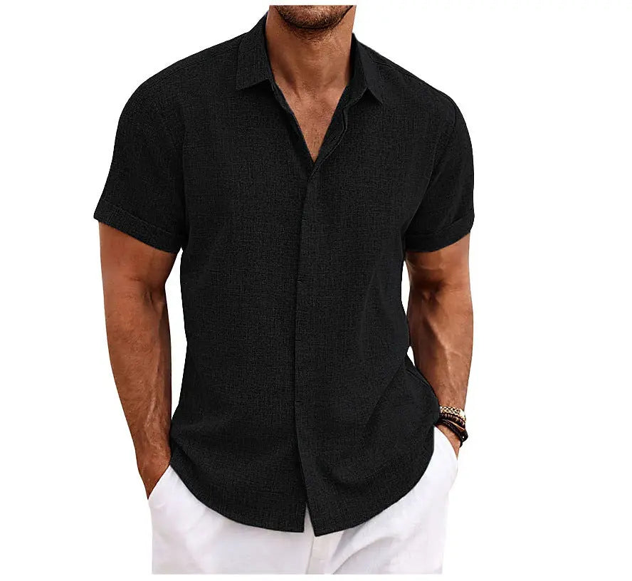 European and American Men's Double Placket Cotton Linen Cardigan Short-sleeved high quality Shirt Summer Home Short-sleeved Lapel Shirt Cross-border GreatEagleInc