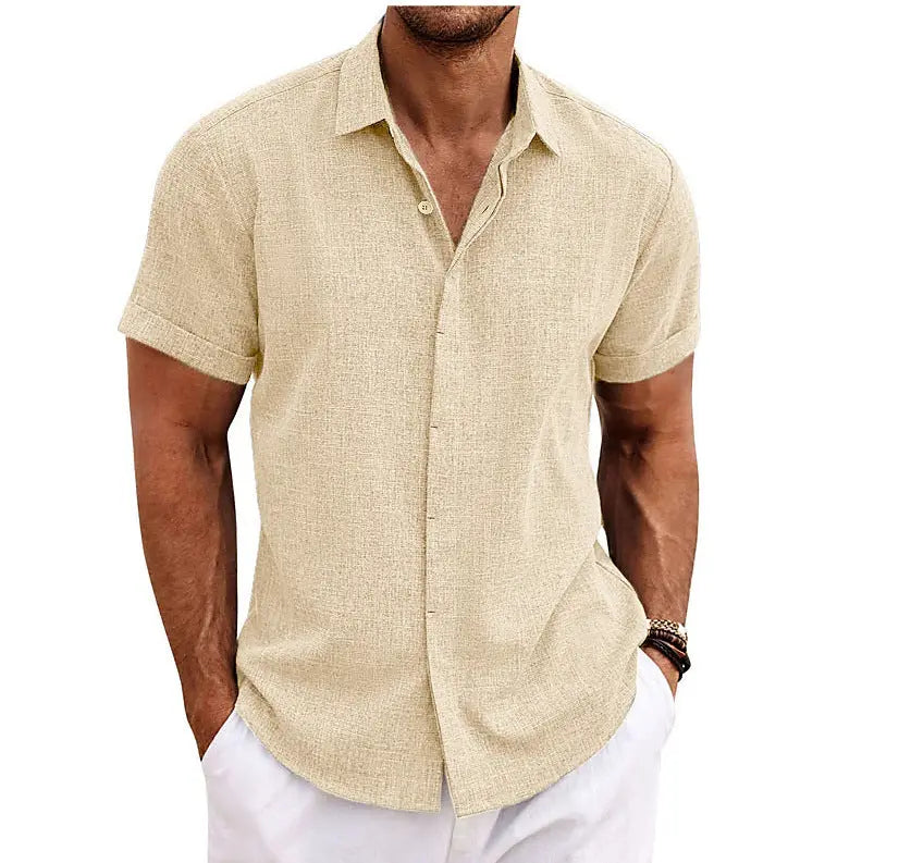 European and American Men's Double Placket Cotton Linen Cardigan Short-sleeved high quality Shirt Summer Home Short-sleeved Lapel Shirt Cross-border GreatEagleInc