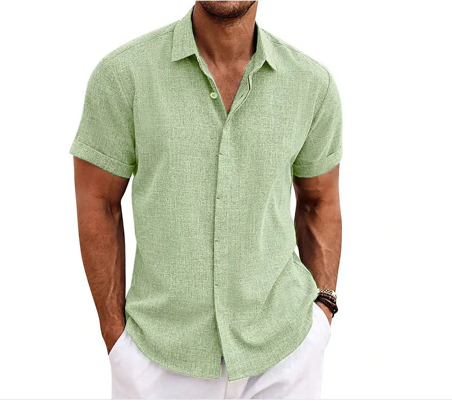 European and American Men's Double Placket Cotton Linen Cardigan Short-sleeved high quality Shirt Summer Home Short-sleeved Lapel Shirt Cross-border GreatEagleInc