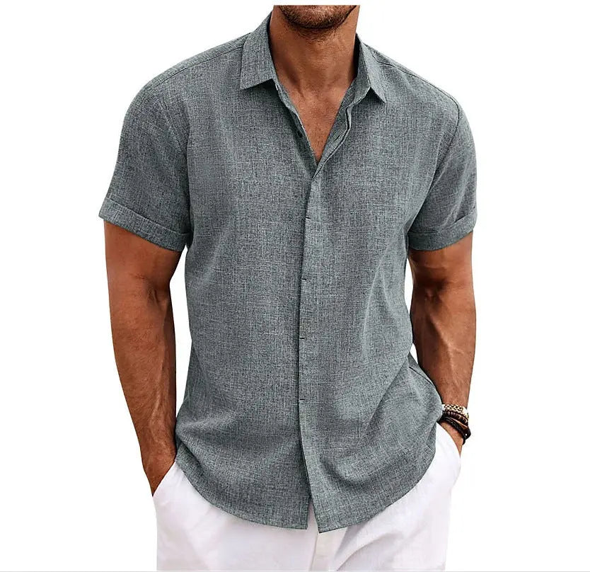 European and American Men's Double Placket Cotton Linen Cardigan Short-sleeved high quality Shirt Summer Home Short-sleeved Lapel Shirt Cross-border GreatEagleInc