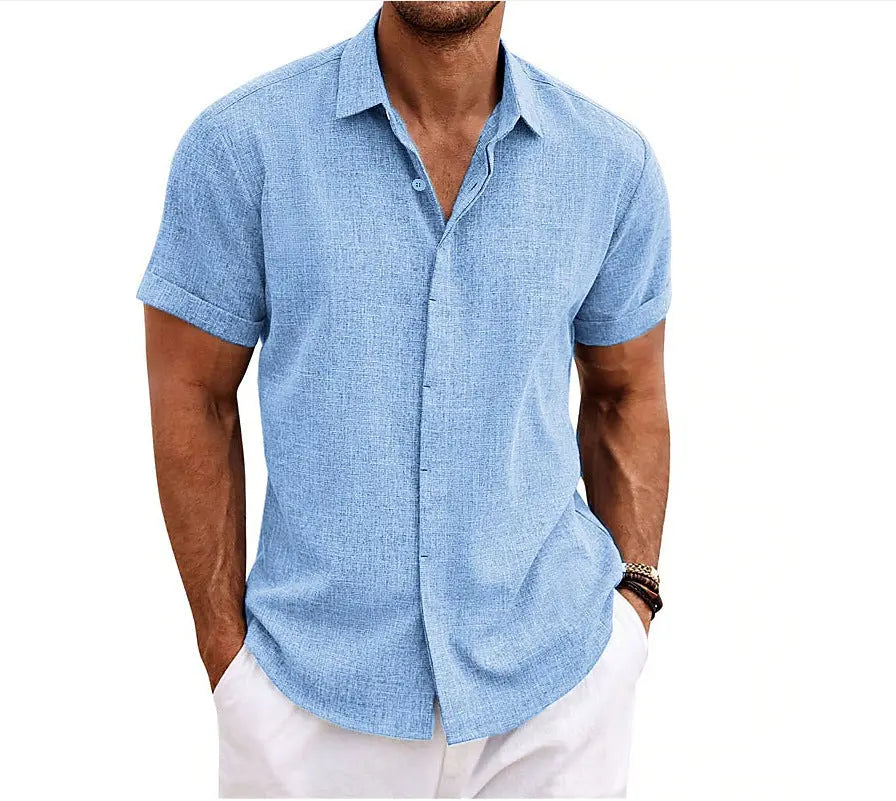 European and American Men's Double Placket Cotton Linen Cardigan Short-sleeved high quality Shirt Summer Home Short-sleeved Lapel Shirt Cross-border GreatEagleInc