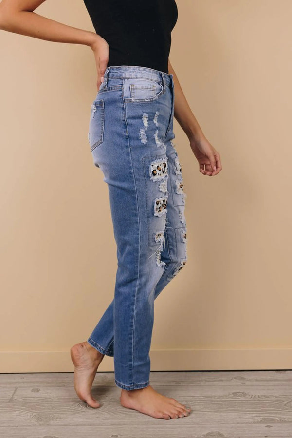 Everlasting Ripped Leopard Jeans Stay Warm in Style