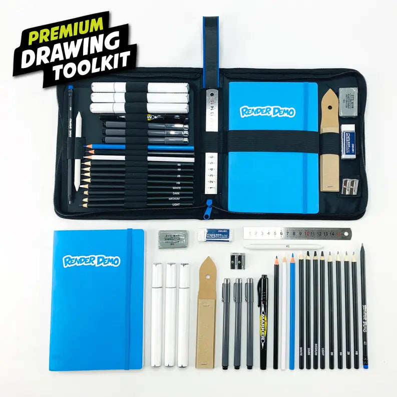 Expert Mode Set // Drawing Set + Sketchbooks + Stencils + Premium Pencils Render Demo Design Studio