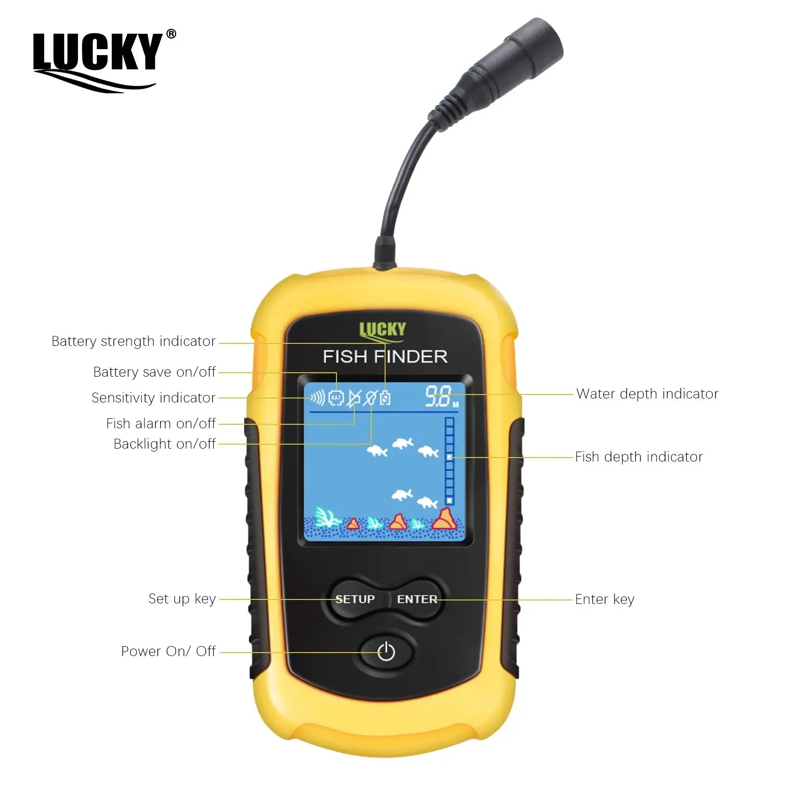 FFC1108-1 Alarm 100M Portable Sonar Fish Finders 45 degrees Sonar Coverage Echo Sounder Alarm Transducer Lake Sea Fishing GreatEagleInc