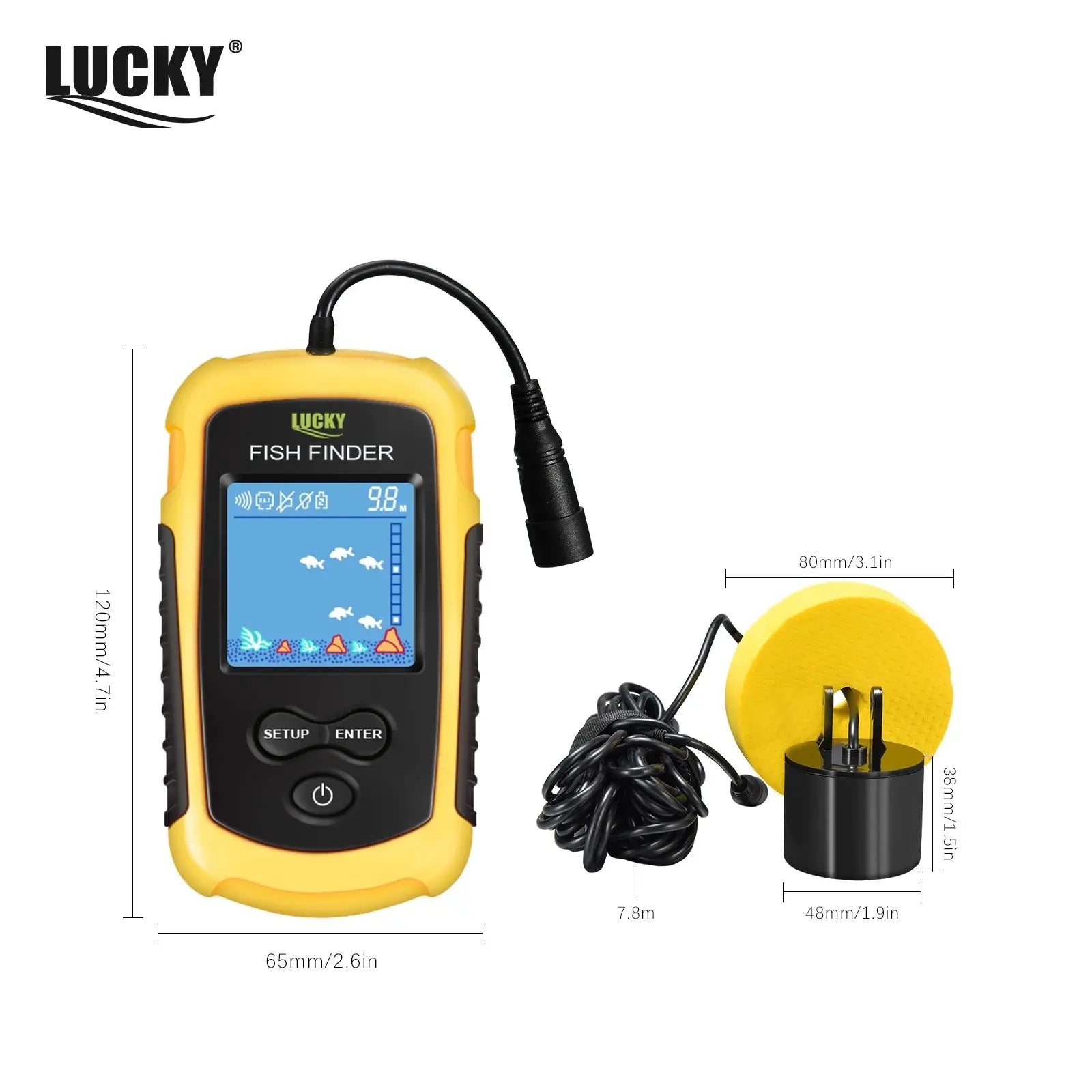 FFC1108-1 Alarm 100M Portable Sonar Fish Finders 45 degrees Sonar Coverage Echo Sounder Alarm Transducer Lake Sea Fishing GreatEagleInc