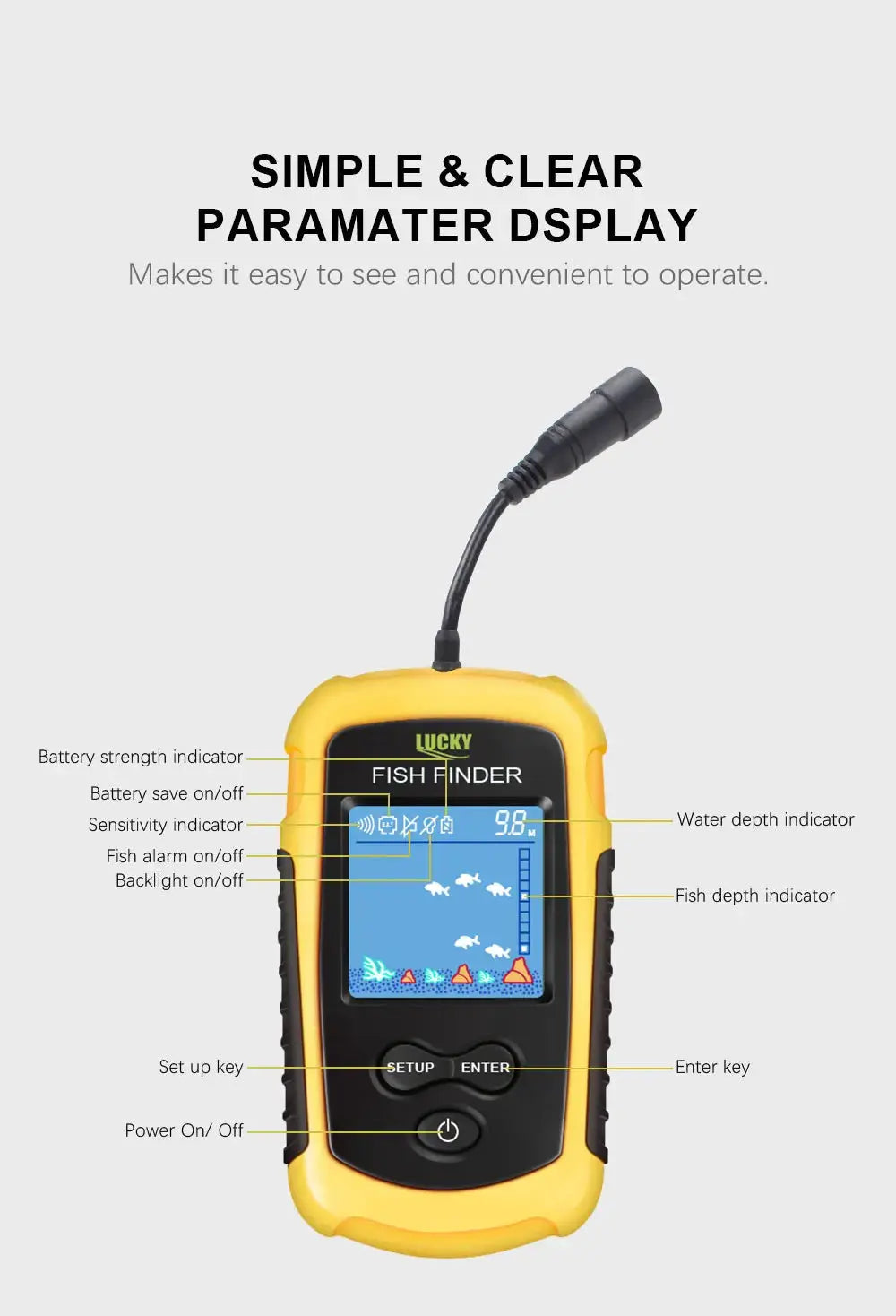 FFC1108-1 Alarm 100M Portable Sonar Fish Finders 45 degrees Sonar Coverage Echo Sounder Alarm Transducer Lake Sea Fishing GreatEagleInc