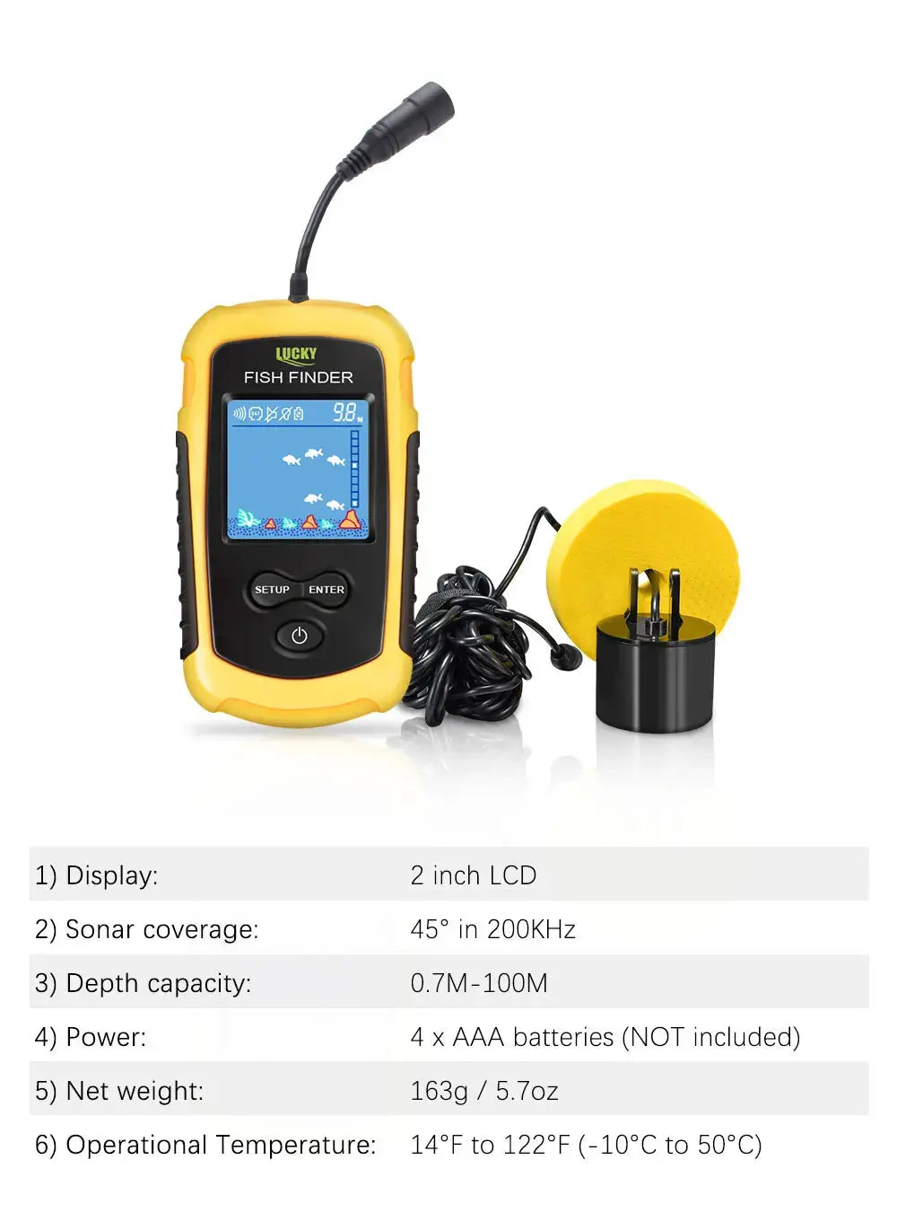 FFC1108-1 Alarm 100M Portable Sonar Fish Finders 45 degrees Sonar Coverage Echo Sounder Alarm Transducer Lake Sea Fishing GreatEagleInc