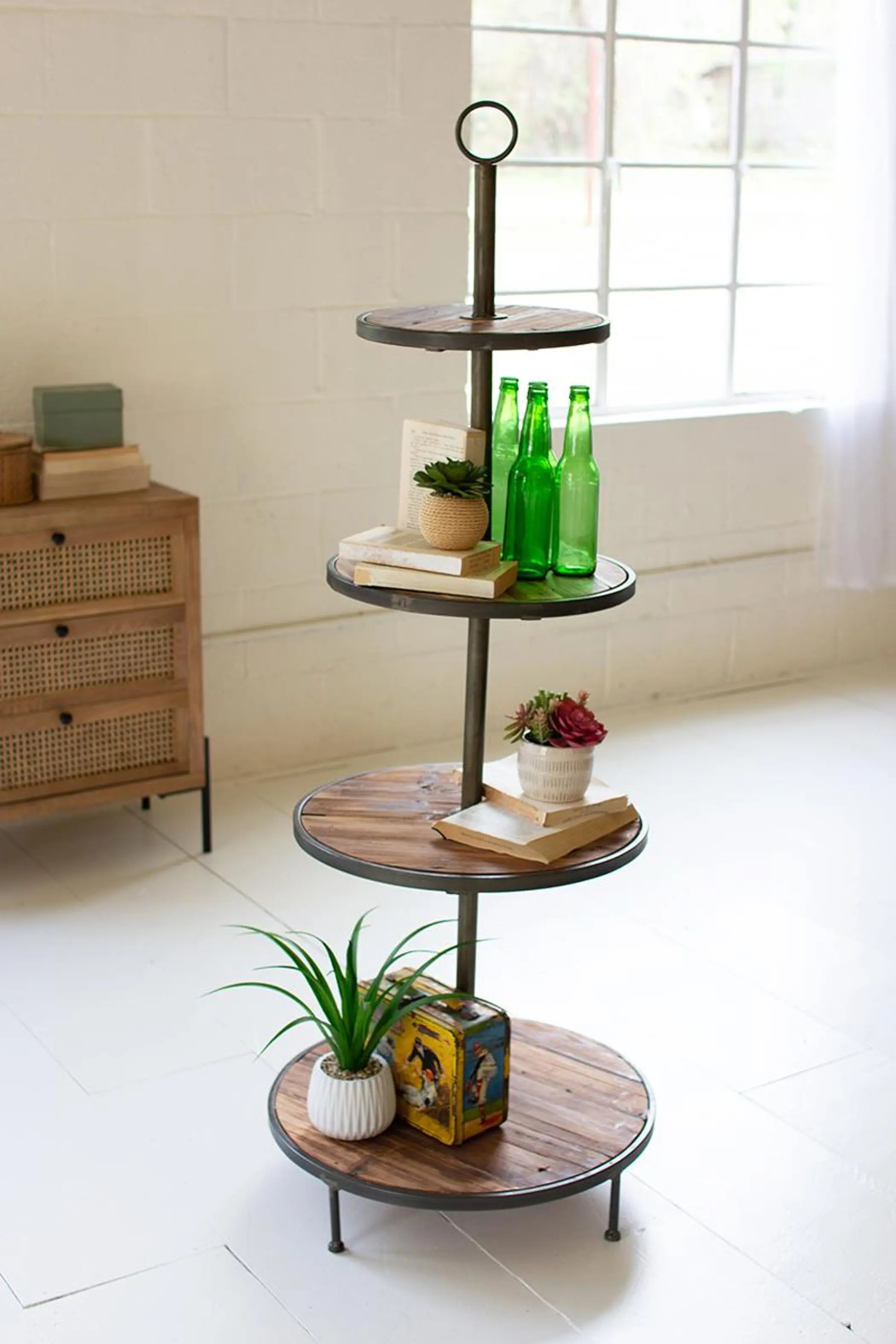FOUR TIERED RECYCLED WOOD AND METAL DISPLAY TOWER Kalalou