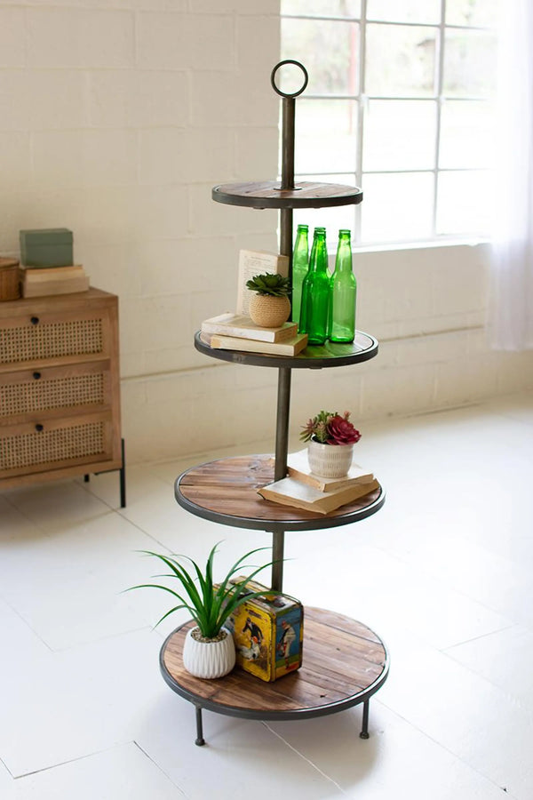 FOUR TIERED RECYCLED WOOD AND METAL DISPLAY TOWER Kalalou