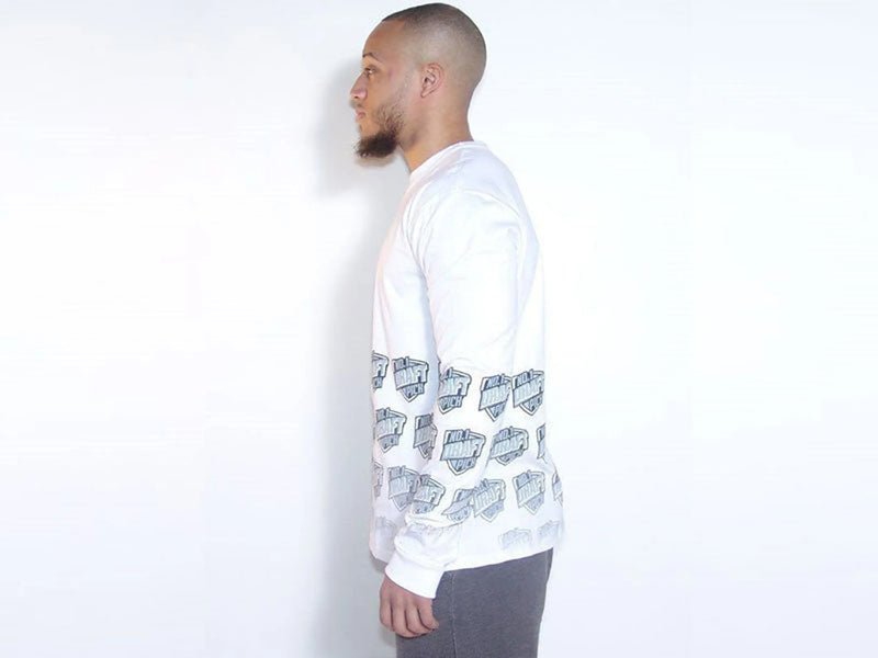 Men's white long-sleeve shirt with black graphic print on sleeves, casual style, cotton blend fabric.