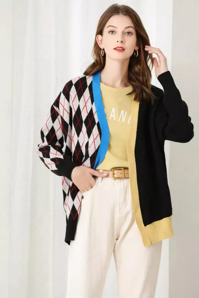 Fangyan | Argyle Splicing Cardigan Fangyan