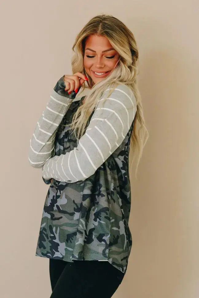 Favorite Things Camo Striped Top Stay Warm in Style