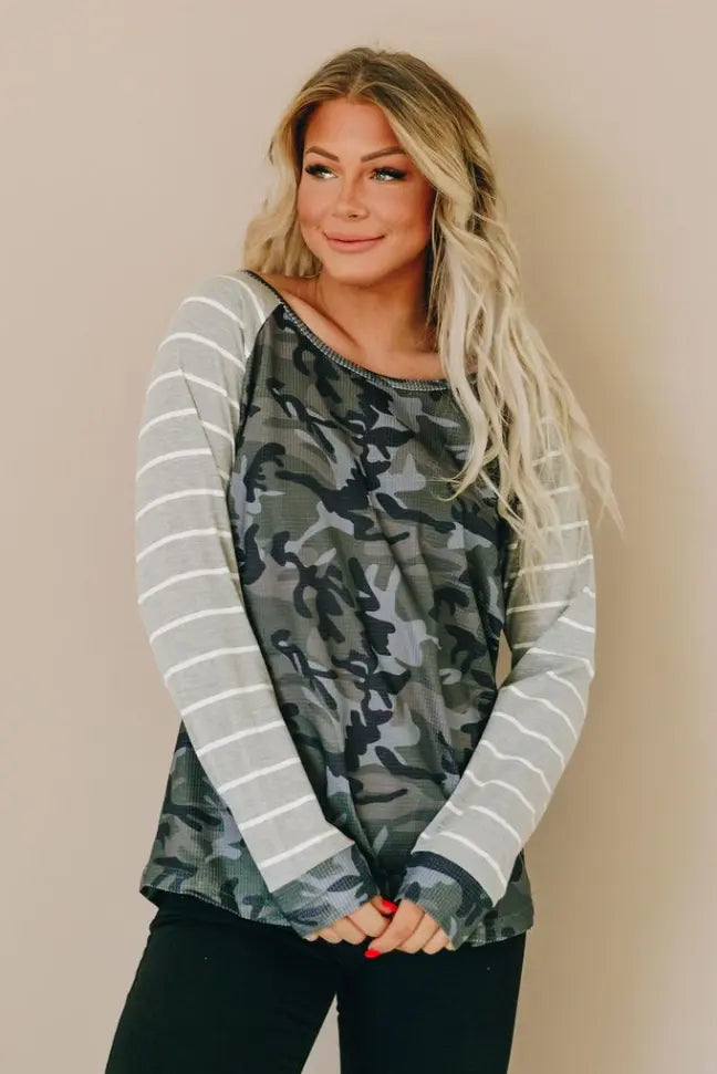 Favorite Things Camo Striped Top Stay Warm in Style