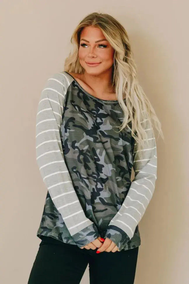 Favorite Things Camo Striped Top Stay Warm in Style